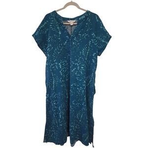 Coldwater Creek Teal Blue Abstract Fern Print Shift Dress Short Sleeve Midi L